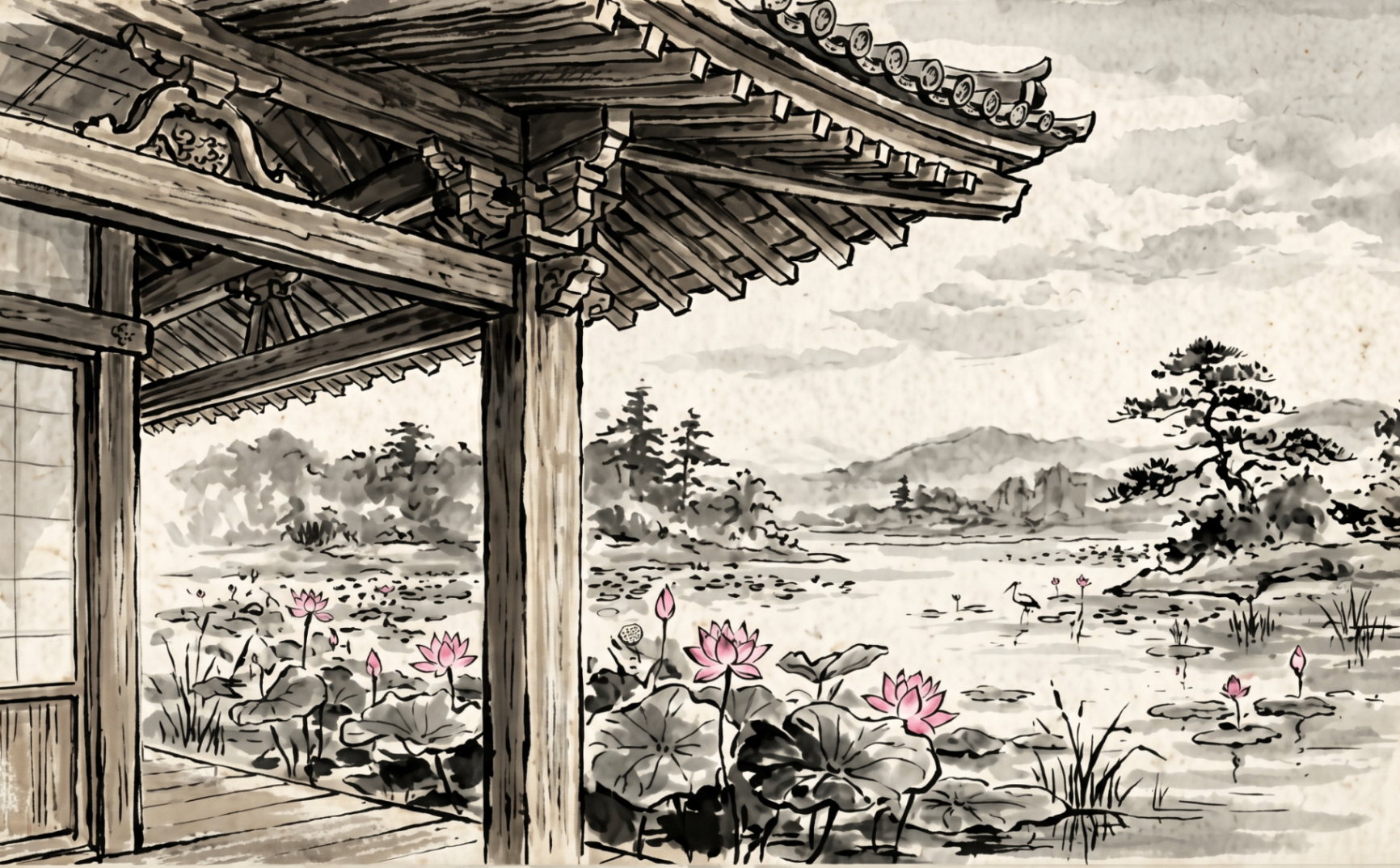 Ink brush painting of a Japanese ceiling opening onto a lotus pond