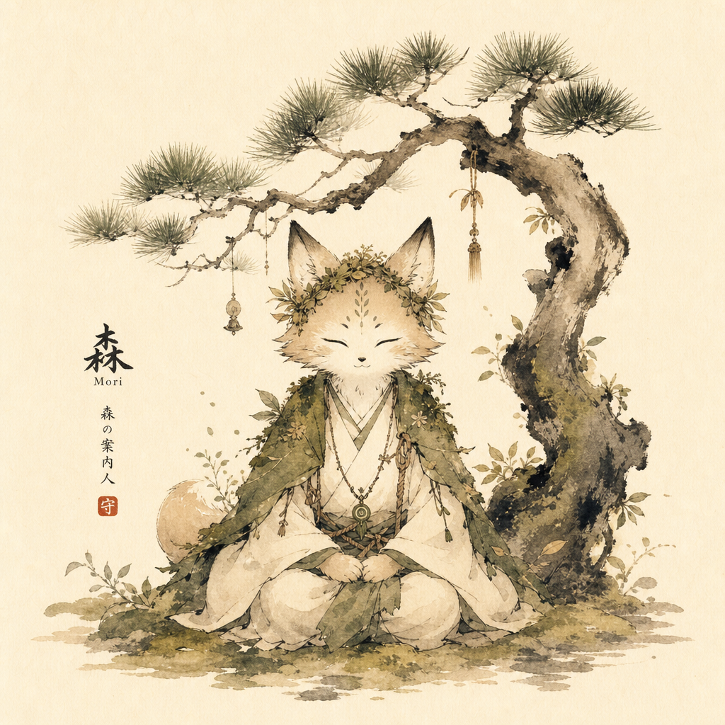 Mori, a gentle forest guide, seated peacefully beneath a pine tree